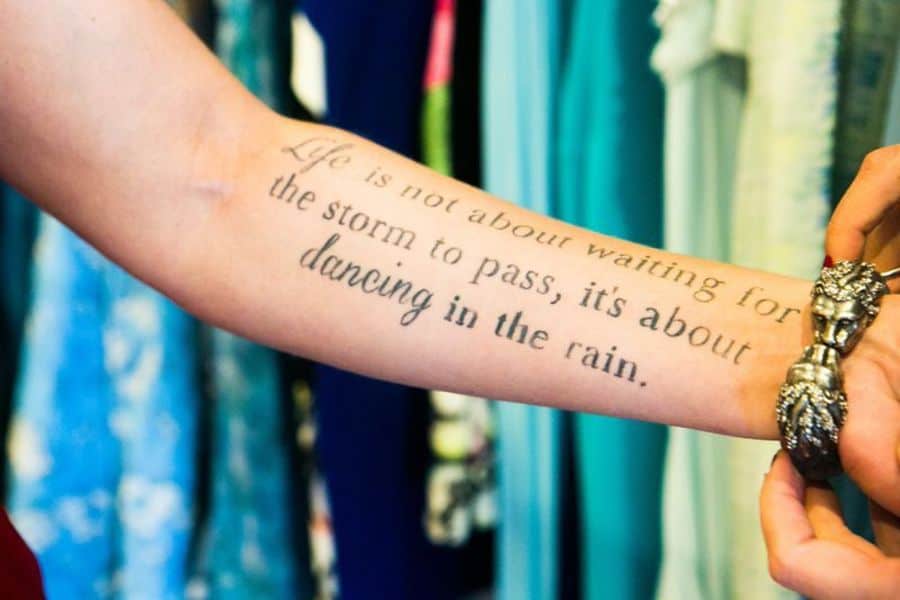 Rachel’s inspiring tattoo. Bracelet by Alexis Bittar.